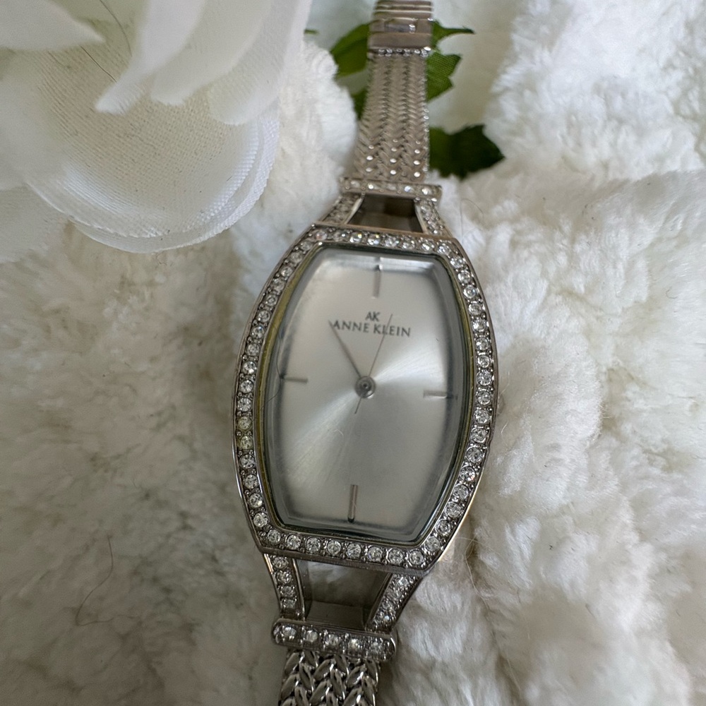 NEW Anne Klein Women Silver Mesh Wristwatch Analog Dress Tonneau Dial Gem Accent